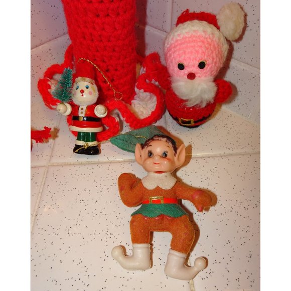 Vintage Crochet Christmas Candle & Santa fuzzy flocked Santa Lot mcm 1970s - Picture 7 of 12